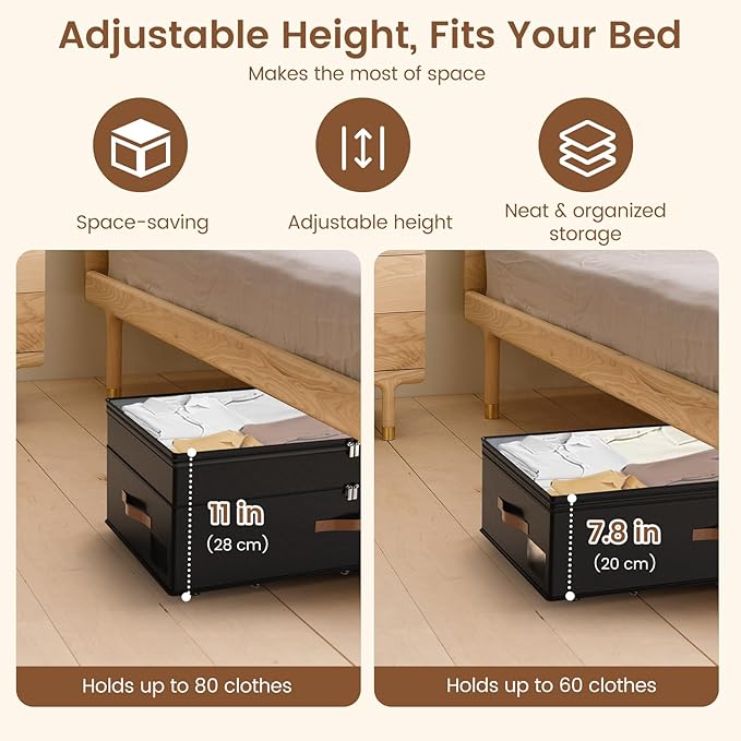 Under Bed Storage with Wheels, 2-Pack Underbed Storage Containers, No Assemble 11 inches 90L XXL Large Adjustable Storage Bin