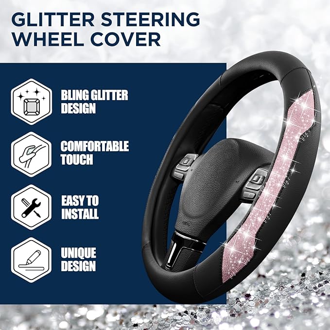 PIC AUTO Steering Wheel Cover, Pink Sparkly Crystal Bling Glitter with Leather, Universal Fit 14.5"-15.5" Car Steering Wheels