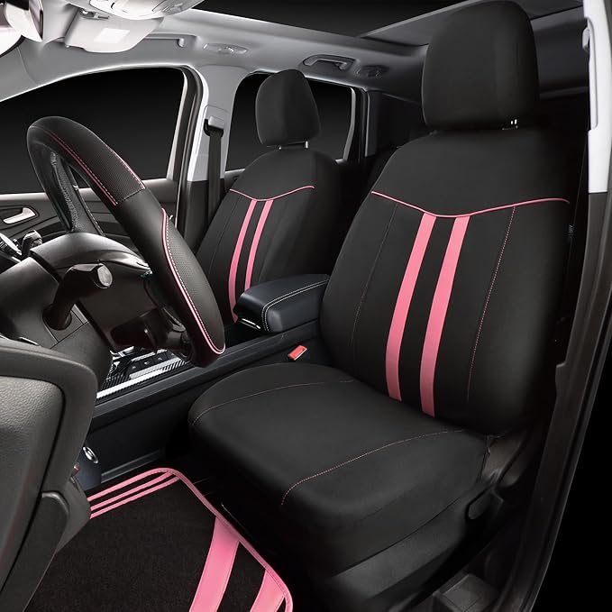CAR PASS Car Seat Covers Full Set for Women Girls with Waterproof Car Floor Mats,Anti-Slip Leather Steering Wheel Cover,Unive