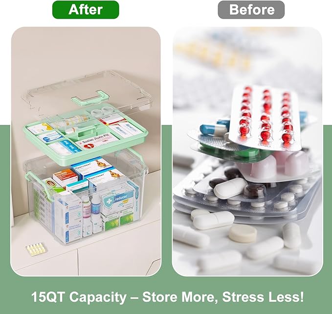 ANYPROLUS 2 Pack Clear Medicine Organizer Box with Handle, Plastic Medicine Container with Tray First Aid Box Empty, Thickene