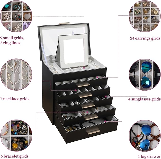 BOOVO Jewelry Boxes for Women, White and Black 6 Layer Large Jewelry Box for Necklace, Bracelet, Earrings, Rings Storage, Jew