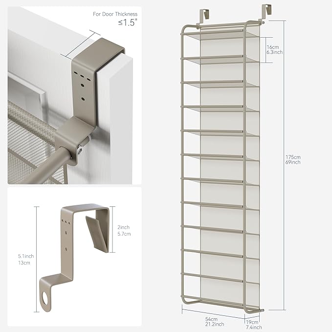 Whitmor 36 Pair Over The Door Shoe Organizer, 12 Tier Hanging Shoe Organizer, Heavy Duty Metal & Mesh Shoe Holder, Hanging Sh