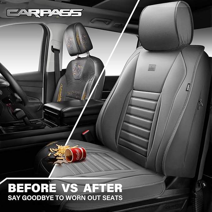 CAR PASS Nappa Leather Car Seat Covers Front Seats, Luxury Seat Protector for Cars, Waterproof Anti-Slip Seat Cushion Airbag 