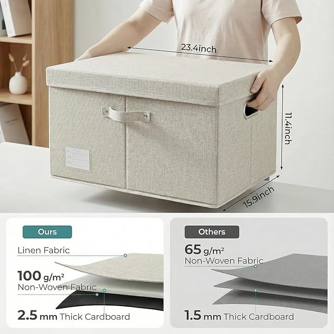 PRANDOM Storage Bins with Lids [3-Pack] Linen Fabric Foldable Storage Boxes Organizer Containers Baskets Cube with Cover for 