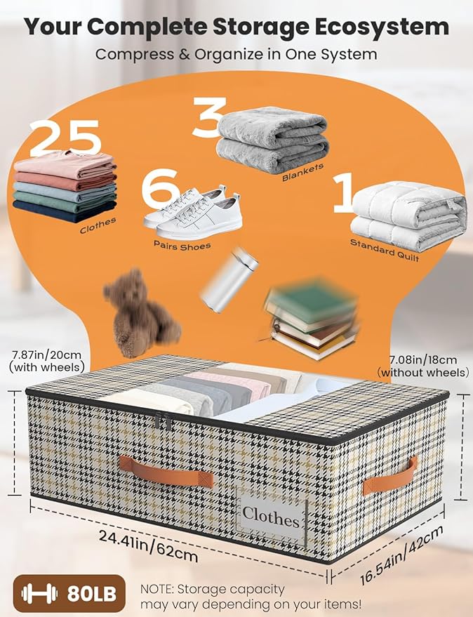 2-Pack Under Bed Storage Bins with Wheels and 4 Vacuum Seal Bags, Heavy Duty 80lbs Capacity,7.9" Height Clear Lid Organizer f