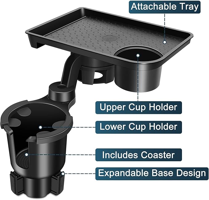 JPart Car Cup Holder Tray, Cup Holder Expander, 2 in 1 Detachable Car Food Tray with 360°Rotation Tray for Eating, Storage an