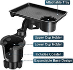JPart Car Cup Holder Tray, Cup Holder Expander, 2 in 1 Detachable Car Food Tray with 360°Rotation Tray for Eating, Storage an