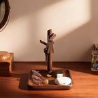 Solid Black Walnut Wooden Key Tray, Multi-Functional Key Bowl for Entryway Table, Key Holder Stand equipped with 3 Hooks, Woo