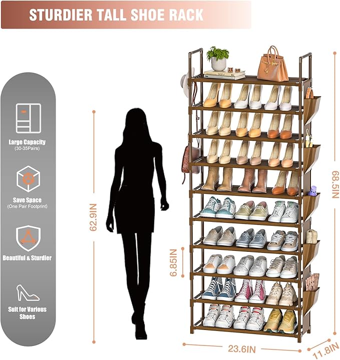 LUKYTOWER Tall Shoe Rack - 10 Tier Organizer for Closet, 30-35 Pairs, Large Capacity with 5 Hooks and Side Pocket, Sturdy Met