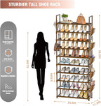 LUKYTOWER Tall Shoe Rack - 10 Tier Organizer for Closet, 30-35 Pairs, Large Capacity with 5 Hooks and Side Pocket, Sturdy Met
