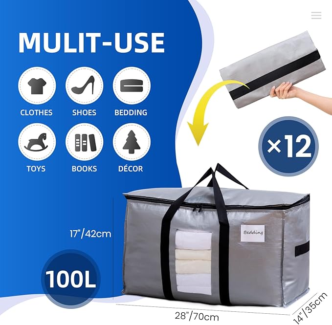 TAILI Extra Large Moving Bags, 12 Pack Silver Heavy Duty Totes for Storage with Visible Window, Wrap Around Handles, Storage 
