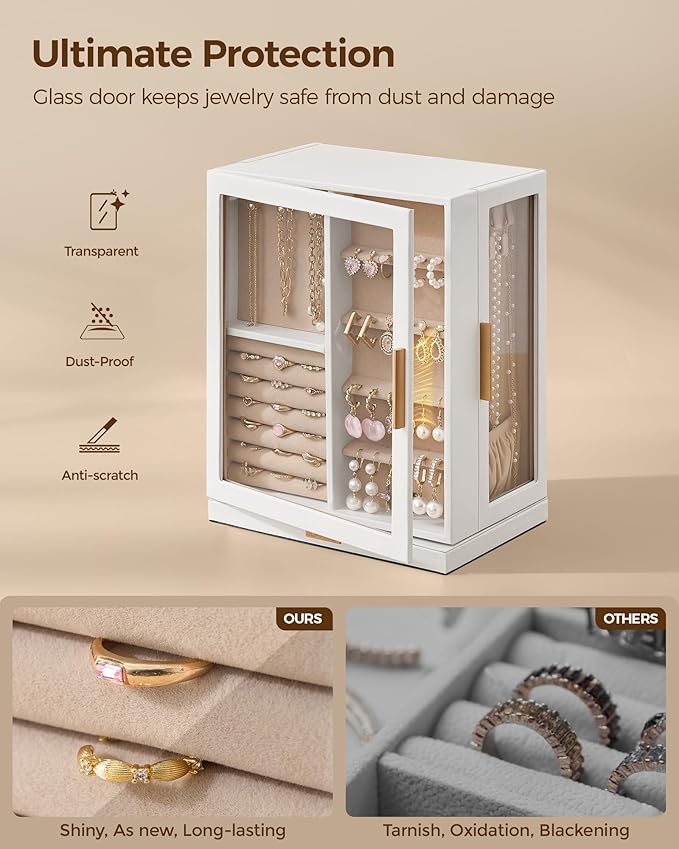 Glimmloop 360° Rotating Jewelry Box with 5 Drawers, Spacious Vertical Jewelry Organizer with Glass Window, Jewelry Storage Ca