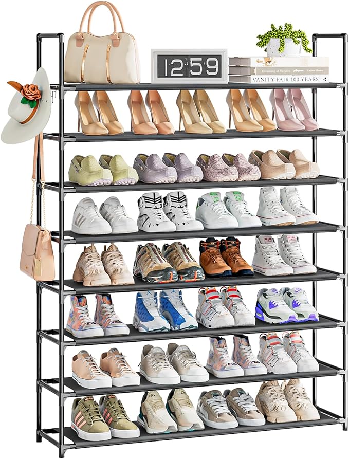 OYREL 8 Tier Shoe Organizer, 33.3in Wide x 11.2in Deep x 55.7in Tall, Black Metal and Plastic Shoe Rack, Holds up to 32-40 Pa