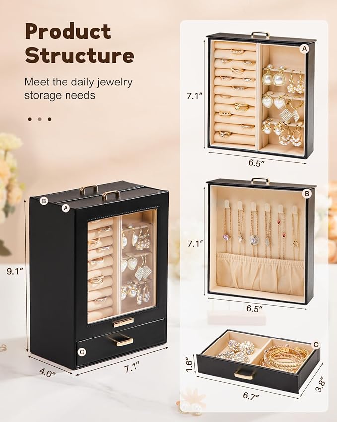 Homde Jewelry Organizer Girls Women Jewelry Box for Necklaces Rings Earrings Gift Bracelets Storage Case (Black + Gold)