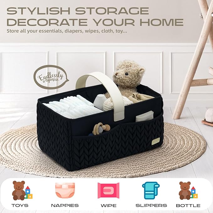 Luxurious Baby Diaper Caddy, Nursery Storage Basket for Newborn Essentials, Travel Baby Basket for Diapers Baby Wipes, Organi