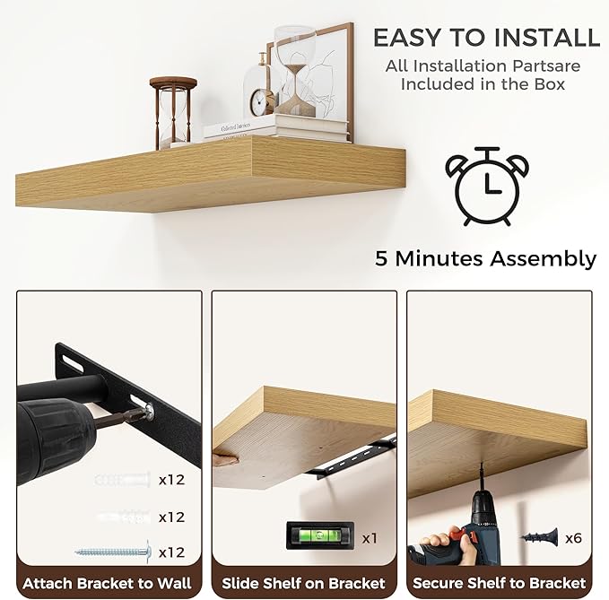 Floating Shelves for Wall, 30" W x 12" D x 2" H, 2 Pack of Long Wall Mounted Engineered Wood Shelves with Invisible Brackets 