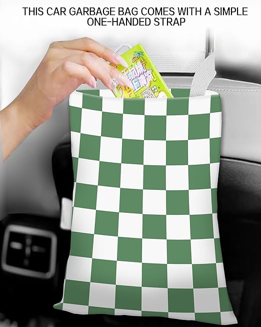 Car Trash Can, Durable Hanging Car Trash Garbage Bag, Cute Automotive Garbage Cans Organizer, White Green Checkerboard