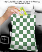 Car Trash Can, Durable Hanging Car Trash Garbage Bag, Cute Automotive Garbage Cans Organizer, White Green Checkerboard