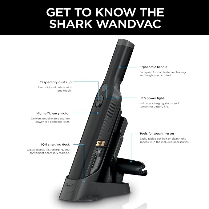 Shark WANDVAC Cordless Hand Vac, Lightweight, Versatile and Portable at 1.4 lbs., Powerful Suction for Pet Hair, Charging Doc