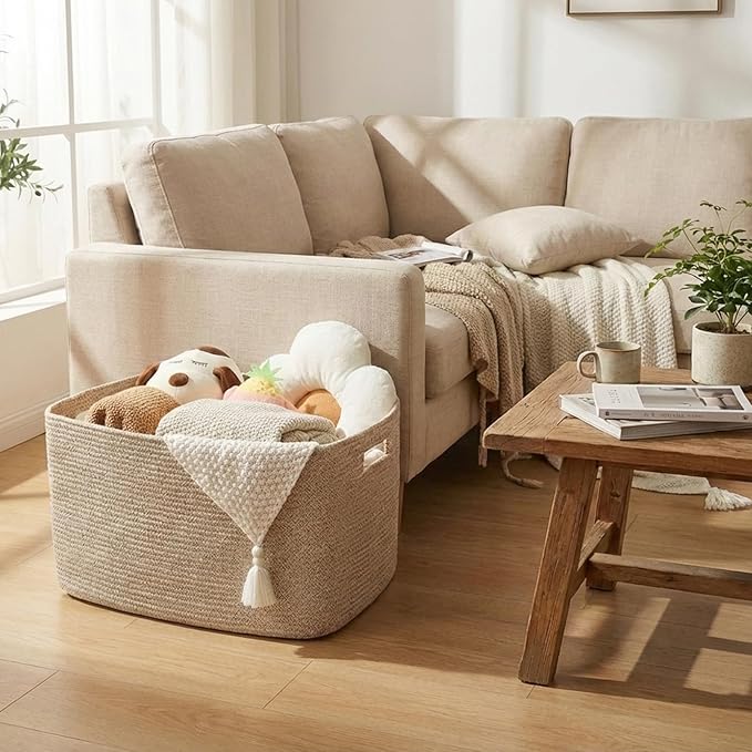 JMvicyroam Woven Blanket Basket,65L Large Storage Bin for Blankets Toys Clothes,Decorative Rope Basket for Living Room Bedroo