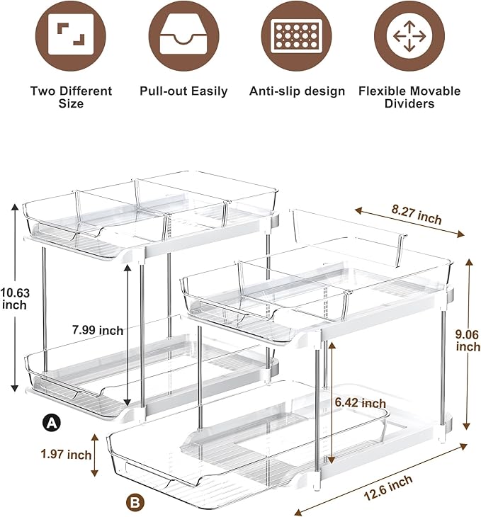 Delamu 2 Sets of 2-Tier Multi-Purpose Bathroom Under Sink Organizers and Storage and 2 Sets of 3-Tier Bathroom Under Sink Org