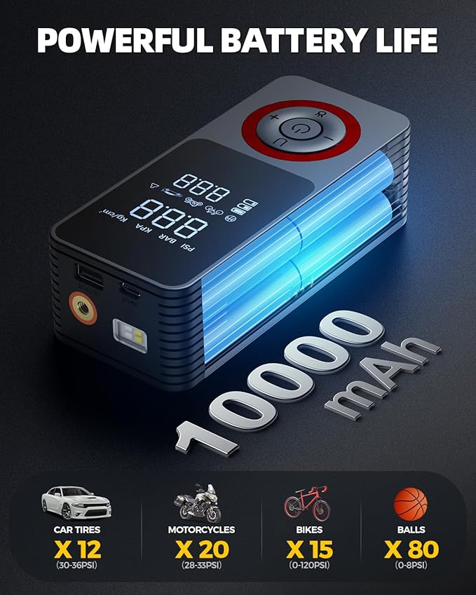Cordless Tire Inflator Portable Air Compressor, 150 PSI Air Pump with Rechargeable Battery, Tire Pressure Gauge, 12V Car Power Adapter, Smart Air Pump for Car, Motorcycle, Bike, Ball