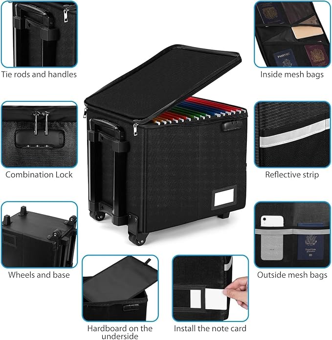 Fireproof File Box with Wheels, Collapsible Rolling Fireproof Document Bag with Lock, Fireproof Box with Handle & Casters, Mo