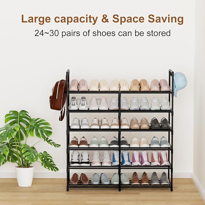 2-Row 6-Tier Stackable Shoe Rack, Black Metal Shoe Shelf with Multifunctional Hooks, Hold 24-30 Pairs, Space Saving Shoes Org