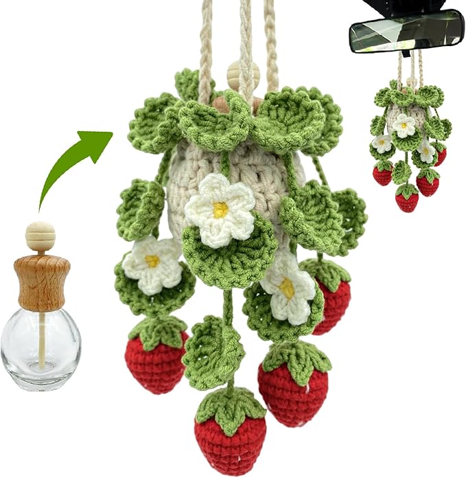 Crochet Car Air Freshener, 15ml Empty Refillable Oil Diffuser Bottle with Hanging Crochet Strawberry Plant for Car Rearview M