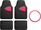 FH GROUP Car Seat Covers Premium Tall Channel Rubber Trimmable Floor Mats w. FH3001 Snake Pattern Silicone Steering Wheel Cover- Universal Fit for Trucks, SUVs, and Vans (Pink/Black) F11311