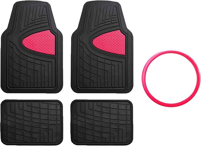 FH GROUP Car Seat Covers Premium Tall Channel Rubber Trimmable Floor Mats w. FH3001 Snake Pattern Silicone Steering Wheel Cover- Universal Fit for Trucks, SUVs, and Vans (Pink/Black) F11311