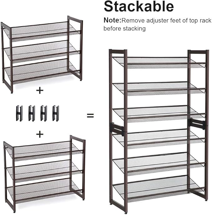 SONGMICS Shoe Rack, 6-Tier Shoe Organizer, Metal Rack for Garage, Set of 2, 3-Tier Stackable Shelf, with Adjustable Flat or A