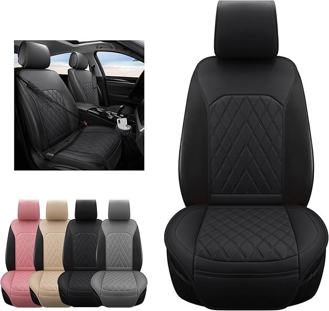 Sanwom Front Car Seat Covers - Leather Seat Covers with Storage Pocket and Two Belt Pads, Anti-Slip Waterproof Universal Seat