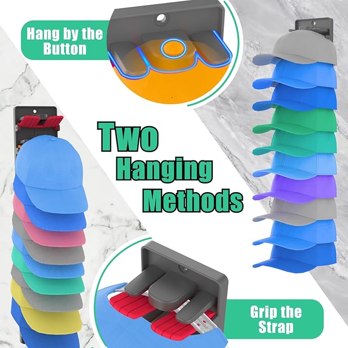 Hat Organizer for Baseball Caps 2 Packs with Built-in Spring Clips - Wall Mount Closet Hat Rack Holder, Adjustable Storage fo