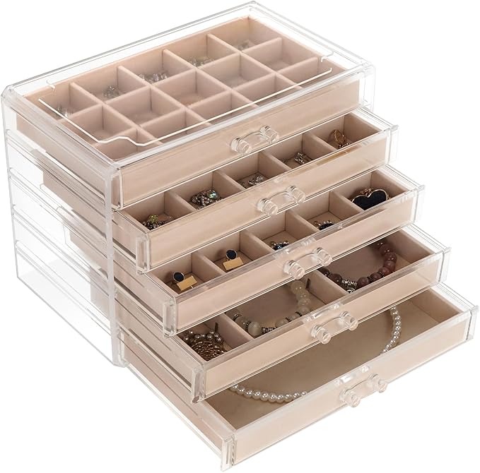 FEISCON Jewelry Box Organizer，Acrylic Storage Organizer with 5 Drawers Adjustable Velvet Trays grid size Jewelry Storage Box 