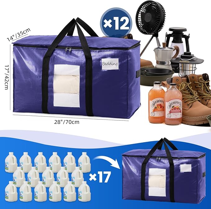 TAILI 12 Pack Dark Blue Extra Large Moving Bags, Heavy Duty Totes with Visible Window, Wrap Around Handles, Great for Space-S