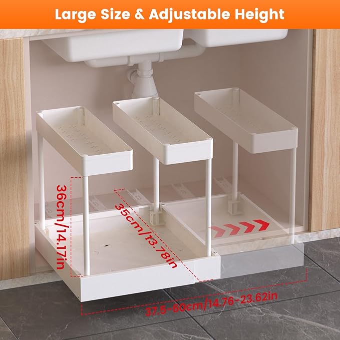Expandable Under Sink Organizers and Storage,Width Adjustable (14.9-23.6IN),No Drill 2-Tier Pull Out Under Cabinet Organizer 