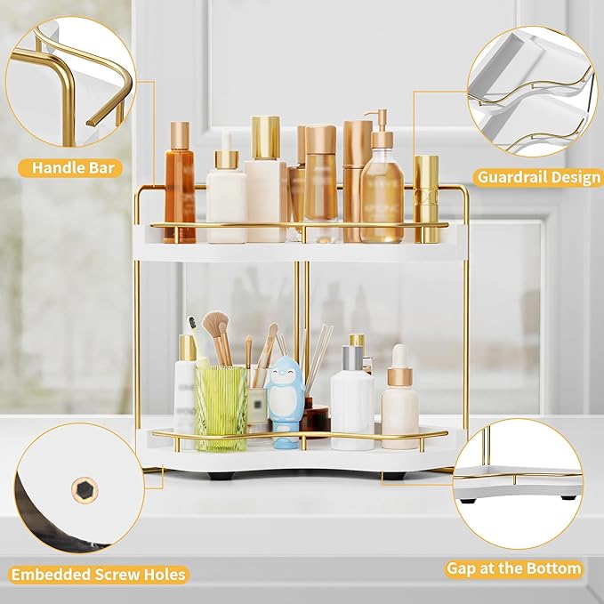 2-Tier Corner Bathroom Counter Organizer with Embedded Screw Holes, Secure & Stable Wood Vanity Shelf for Makeup and Skincare