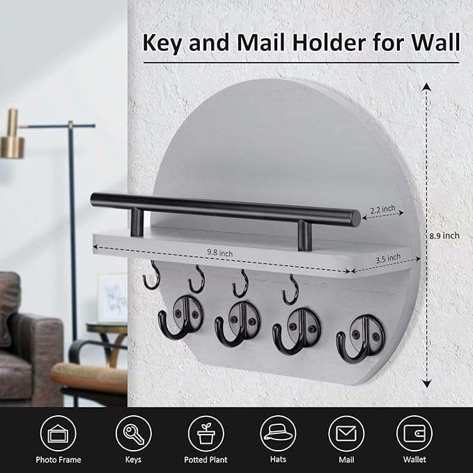 Nekon Key Holder for Wall - 9.8 Inch Apartment Wall Decor with Shelf and 8 Key Hooks, Circular Wood Key Hanger for Home Decor