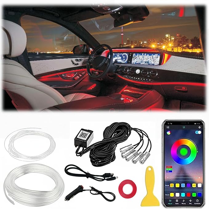 Interior Car LED Strip Lights RGB Fiber Optic Trim Lighting 5 in 1，Wireless APP Ambient Lighting Kits 236 inches Fiber Optic, 16 Million Colors Car Neon Lights, Music Sync
