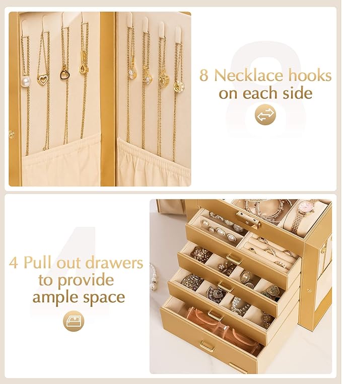 Homde Synthetic Leather Huge Jewelry Box Mirrored Watch Organizer Necklace Ring Earring Storage Lockable Gift Case (Gold)
