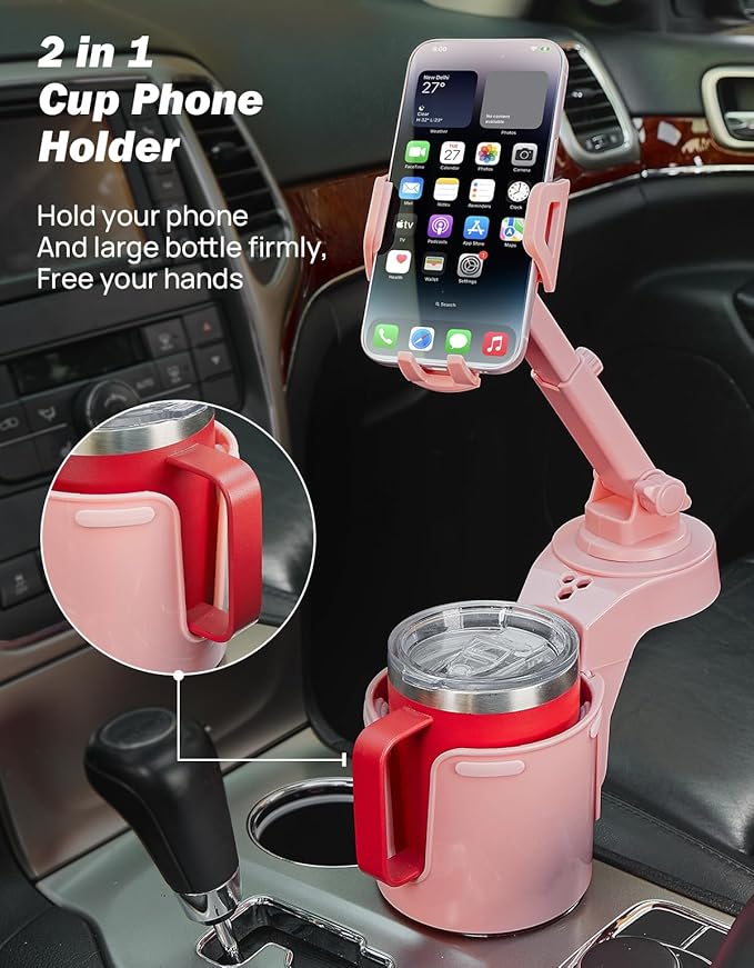 JOYTUTUS Cup Holder Phone Mount for Car, Car Cellphone Large Adapter Long Arm with 360 Degree Rotation, Compatible iPhone, Samsung & All Smartphones,Pink,1 Pack