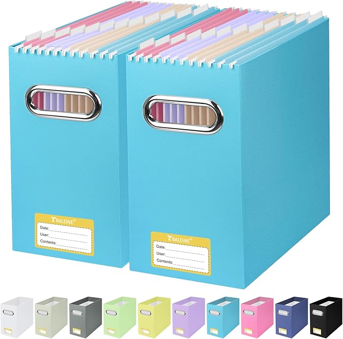 BALEINE File Organizer Box, Cardboard File Folder Organizer with Handle for Letter Size, Portable Collapsible Hanging Filing 