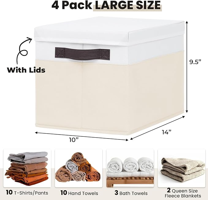 Large Nursery Closet Organizer Bins with Lids 4 Pack - 23 QT Decorative Storage Baskets for Living Room Bedroom Shelf - Stack