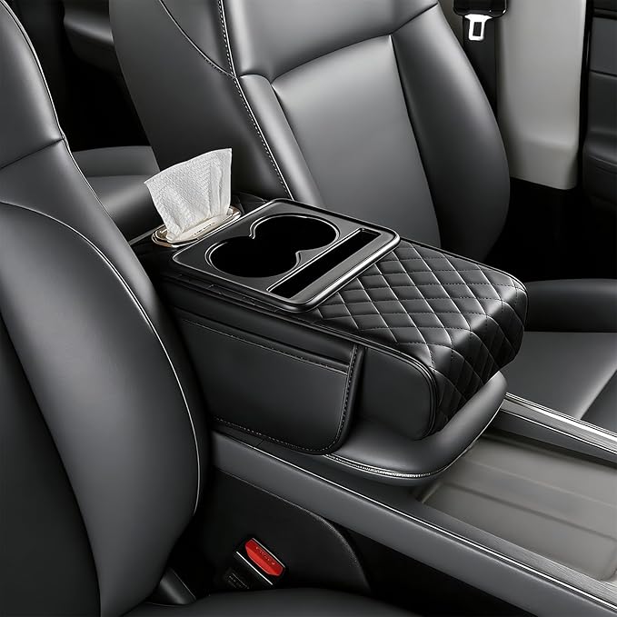 Center Console Cover for Car with Cup Holder and Tissue Box, PU Leather Armrest Storage Box with Phone Pocket, Heightening Car Armrest Cushion for Most SUV, Truck Interior