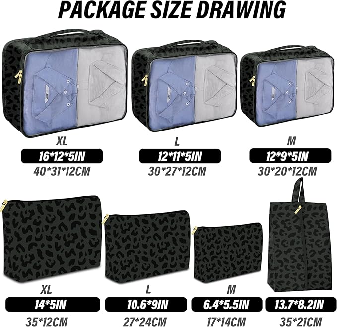 7 Set Packing Cubes Travel Luggage Organizers for Suitcase Travel Accessories with Shoe Bag for Women Girls Aesthetic Cute-Bl