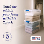 HOMZ 2-Pack Latching Lid, Clear Plastic Storage Organizer Bins, 112 Quart, Blue Latch - Stackable Organizing Containers for H