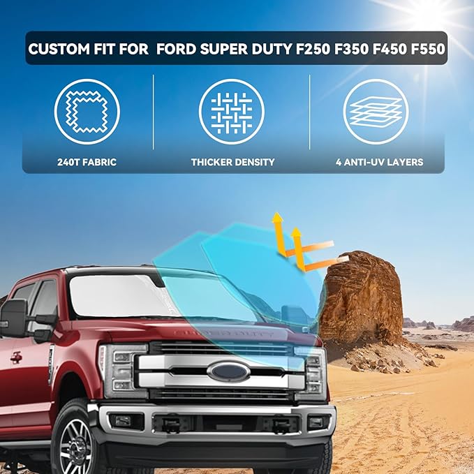 for Ford Super Duty F250 F350 F450 F550 2017-2025 2026 Windshield Sun Shade - 4 Layers Car Sunshades for Front Window Shade Cover Custom Fit F-250 Sun Visor 250T Shade Blocks UV Rays Car Accessories