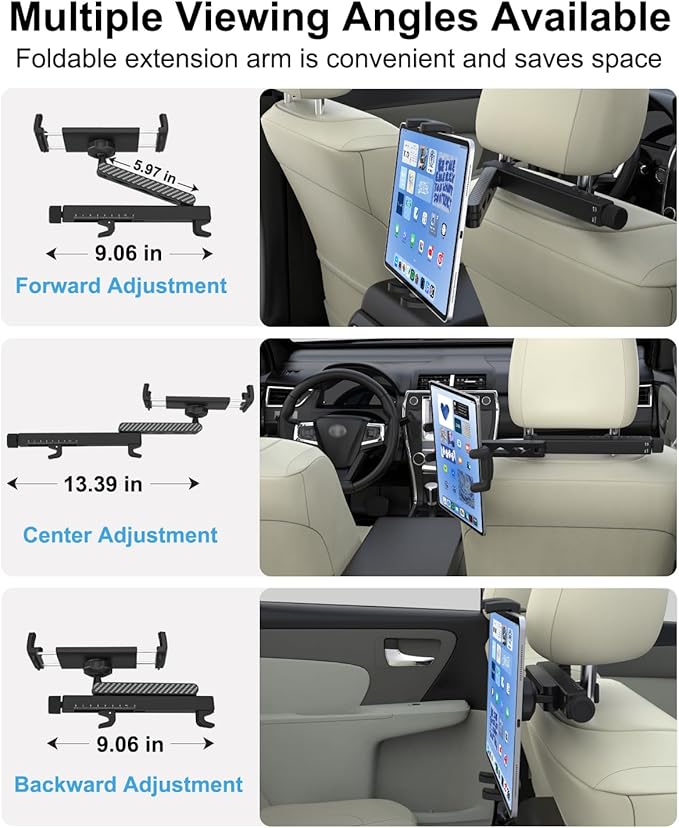 Backseat Tablet Holder for Car Headrest, Anti-Shake Adjustable Arm Mount for Kids, Foldable Car Tablet Mount for Road Trips, Fits iPad Pro/Air/Mini, Galaxy Tab, Fire (4-13”)