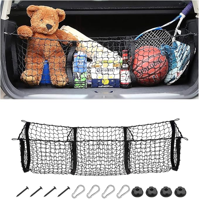 Cargo Net for Car, Expandable 3 Pocket Heavy-Duty Cargo Net Organizer, Black Mesh Storage Pocket with 4 Metal Carabiners Univ